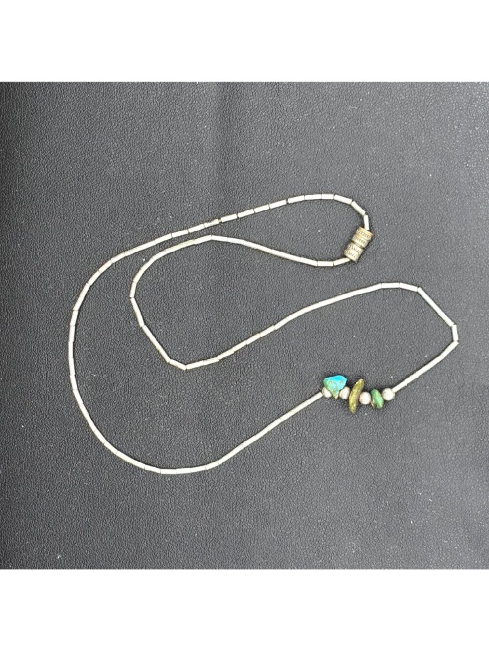Native American Liquid Silver Heishi Necklace Turquoise & Shell Nugget Center Be